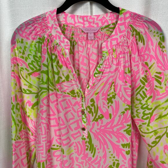 Lilly Pulitzer Pink&Green Silk Elsa Top Home Slice Pink Pineapple Sz.S - Picture 6 of 15